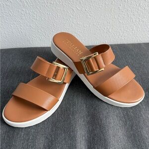 Italian Shoemakers Brown w Gold Buckle Slide Sandal Shoe Sz 9.5